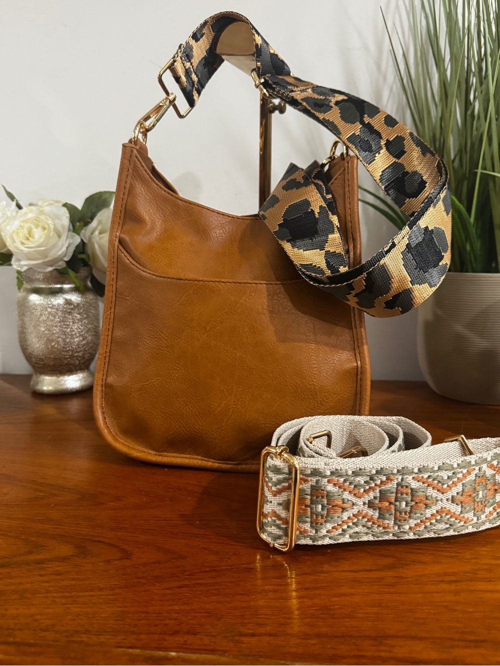 Stylish Tan Leather Crossbody Bag with Embroidered tow Strap - Picture 6 of 13